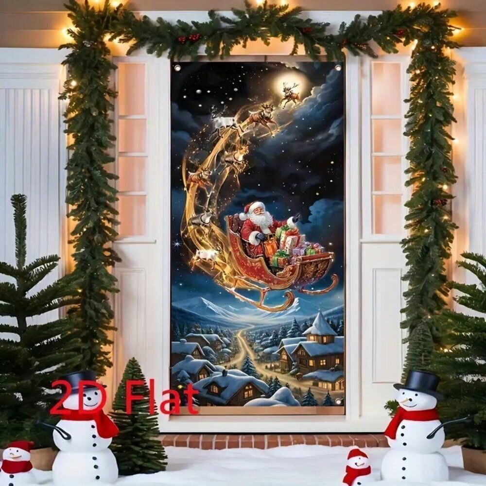 71 x 35 2D Holiday Door Banner Festive Christmas Santa and Sleigh Over a Town